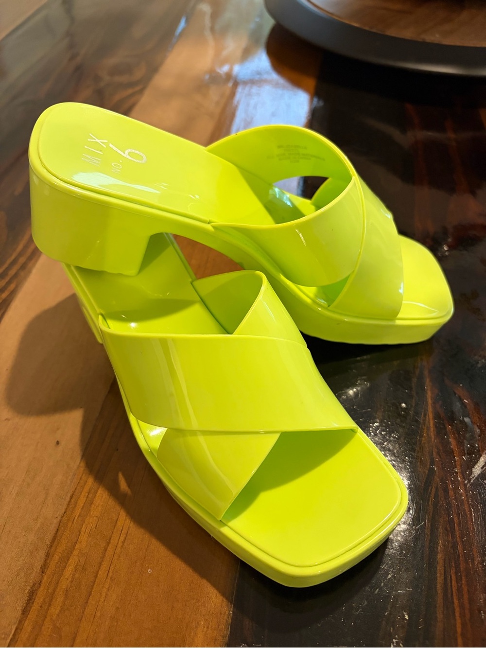 Like New Mix No 6 Neon Lime Cross-Strap Block Heel Slide Sandals - Women